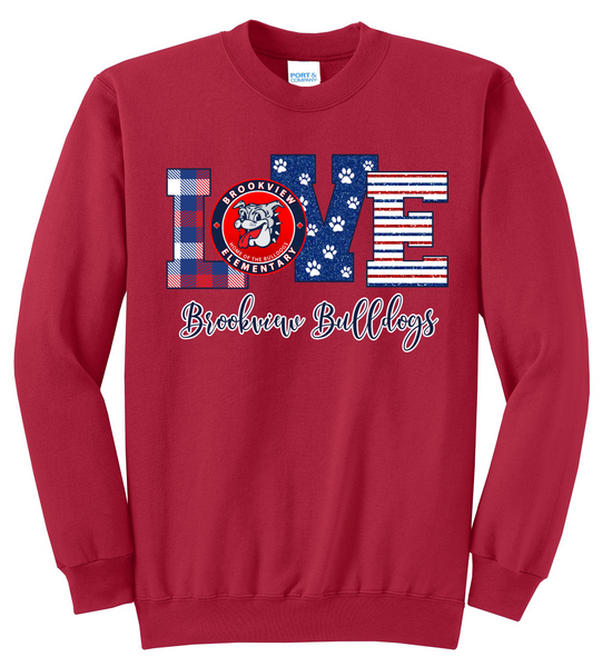 Brookview Bulldogs LOVE - Fleece Crewneck Sweatshirt (RED)